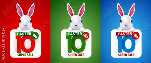 Cute Easter bunny holding a 10 Super Sale banner on colorful backgrounds, perfect for holiday promotions. Vector illustration.