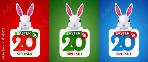 Cute Easter bunny holding a 20 Super Sale banner on colorful backgrounds, perfect for holiday promotions. Vector illustration.