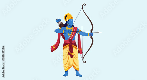 illustration of Lord Rama with bow arrow with Hindi text meaning Shree Ram Navami celebration background for religious holiday of India