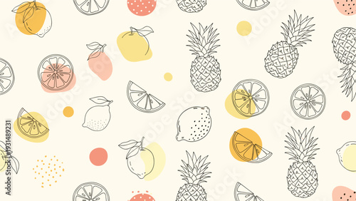 Light and airy seamless pattern featuring hand-drawn tropical fruits like pineapples and lemons with abstract pastel-colored spots.