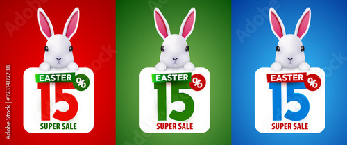 Cute Easter bunny holding a 15 Super Sale banner on colorful backgrounds, perfect for holiday promotions. Vector illustration.