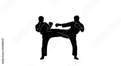 Silhouette of Two Martial Artists Sparring in Karate Match