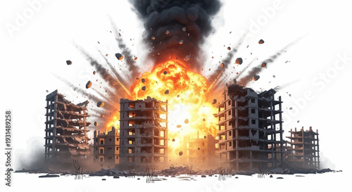Big bomb explosion with shrapnel and fireball in city near the building, destroyed buildings ruins and concrete, war destruction concept illustration isolated on white background 
