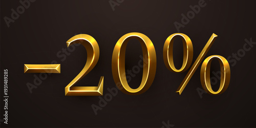 Golden 20 percent discount sign on dark background. Elegant sale promotion design. Vector illustration