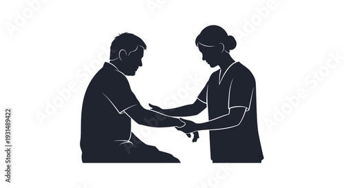 A doctor taking a man's pulse during a medical examination in a clinical setting from a side view