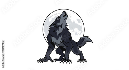 Illustration of a howling wolf in front of a full moon