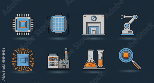 Set of technology and industry icons with microchips and factory.