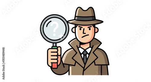 Cartoon detective character holding magnifying glass illustration