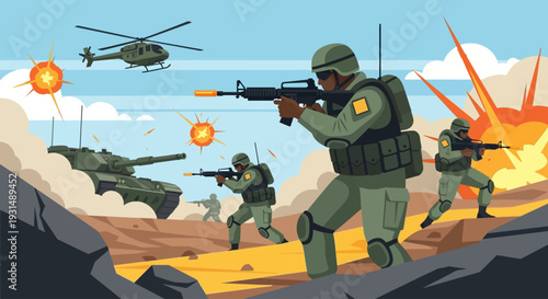 Military vector illustration army combat. Special forces soldiers in tactical gear with rifles, military uniforms, combat equipment, standing and walking, black and white vector illustration