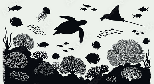 A diverse array of marine life, including a turtle, fish, and coral, depicted in a serene underwater scene from a panoramic viewpoint.