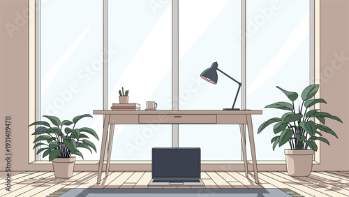 Calm and modern home office interior with a desk, laptop, lamp, and houseplants in front of a large window with a peaceful view.