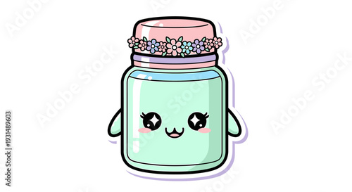 A cartoon jar with a smiling face and decorative lid on a plain background viewed from the front