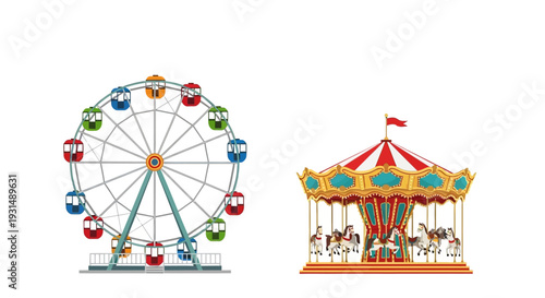 Colorful Ferris Wheel and Carousel on White Background