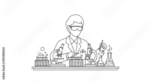 Scientist conducting experiment in laboratory setting with various equipment and test tubes from a frontal viewpoint