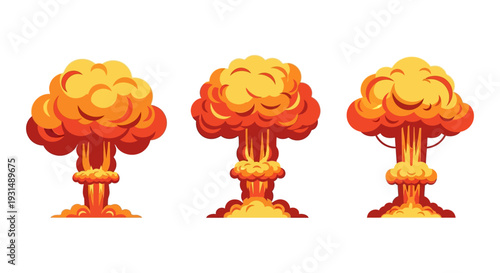 Set of three massive nuclear-style mushroom cloud explosion illustrations