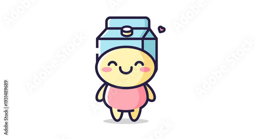 A cartoon character wearing a milk carton hat and pink dress stands smiling happily on a plain white surface, viewed from the front.
