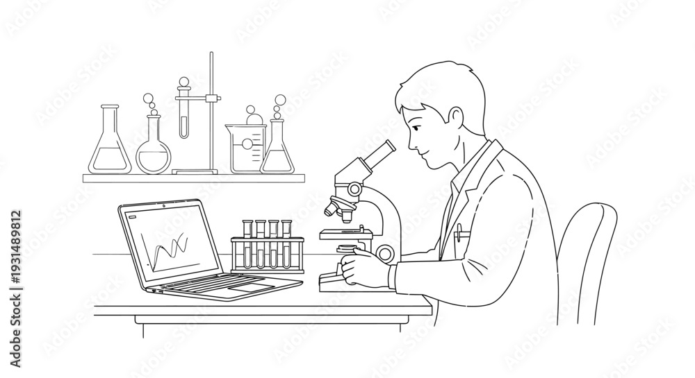 Fototapeta premium A scientist examines a sample through a microscope at a laboratory desk surrounded by various scientific equipment and a laptop displaying data.