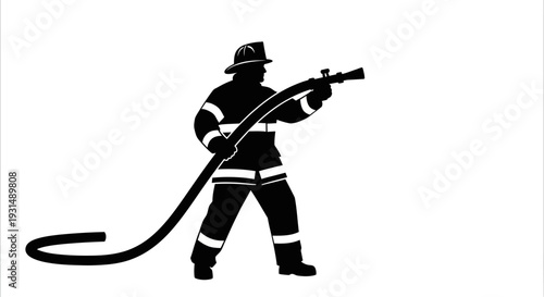 Silhouette of a firefighter holding a hose on a white background
