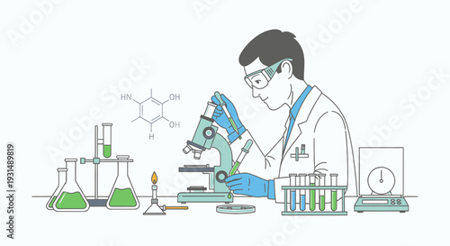 Scientist examines specimen through microscope in laboratory setting with various equipment and chemicals nearby