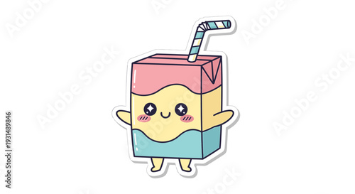 A smiling carton character with a straw, anthropomorphic design, and pastel colors, standing alone on a plain white background from a front viewpoint