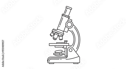 Detailed illustration of a microscope on a laboratory counter from a side view for scientific study and research purposes