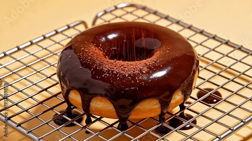 Chocolate glazed donut on cooling rack
