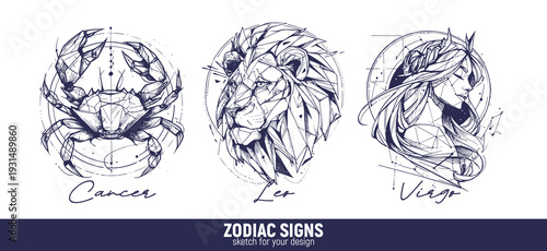 set of vector graphic illustrations of zodiac signs in an abstract geometric sketch style. Cancer, Leo, Virgo. Set 2