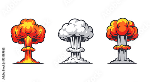 Set of three massive nuclear-style mushroom cloud explosion illustrations