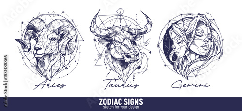 set of vector graphic illustrations of zodiac signs in an abstract geometric sketch style. Aries, Taurus, Gemini. Set 1