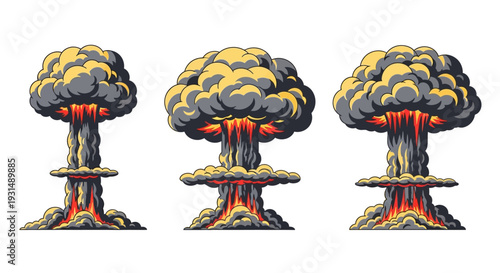 Set of three massive nuclear-style mushroom cloud explosion illustrations