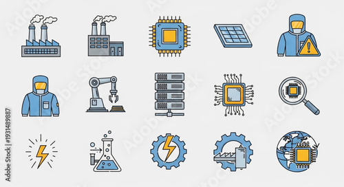 Set of technology and industry icons for digital use.