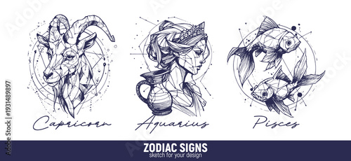 set of vector graphic illustrations of zodiac signs in an abstract geometric sketch style. Capricorn, Aquarius, Pisces. Set 4