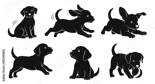 Various black dog silhouettes in different playful poses and actions on a plain white background from a straightforward viewpoint