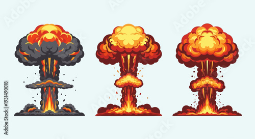 Set of three massive nuclear-style mushroom cloud explosion illustrations