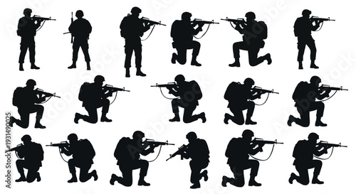 Vector silhouettes of soldiers on duty, troops, military man, armored army in various combat poses isolated on white background. War, conflict, battlefield concept