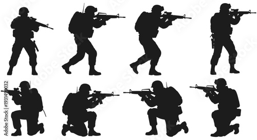 Vector silhouettes of soldiers on duty, troops, military man, armored army in various combat poses isolated on white background. War, conflict, battlefield concept