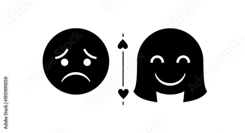 Illustration of a frowning face and a smiling face separated by a heart symbol on a plain background from a straightforward viewpoint