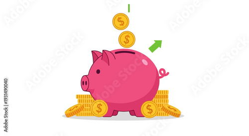 Pink piggy bank with falling coins and upward arrow