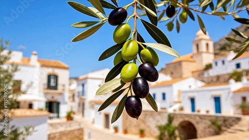 Olive branch with olives in front of white village