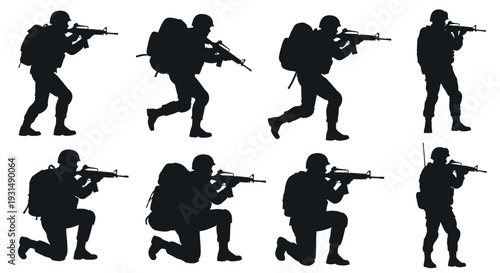 Vector silhouettes of soldiers on duty, troops, military man, armored army in various combat poses isolated on white background. War, conflict, battlefield concept
