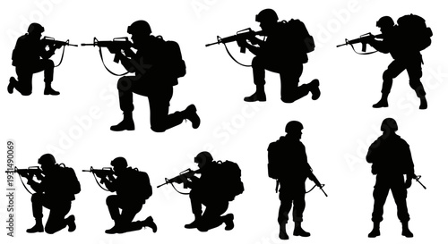 Vector silhouettes of soldiers on duty, troops, military man, armored army in various combat poses isolated on white background. War, conflict, battlefield concept