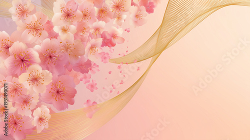 Cherry blossom background with gold wave on beige, copy space