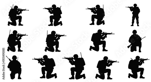 Vector silhouettes of soldiers on duty, troops, military man, armored army in various combat poses isolated on white background. War, conflict, battlefield concept