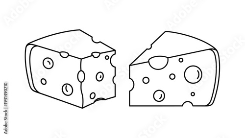 Simple black and white line art illustration of two wedges of Swiss cheese with characteristic holes, perfect for food icons or coloring page designs.