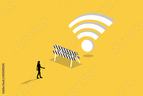 Business woman walking toward a giant WiFi symbol behind a road barrier, representing connectivity challenges, internet access obstacles, and digital transformation