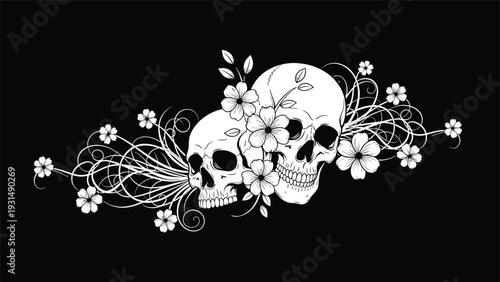Romantic and gothic illustration of two white human skulls intertwined with delicate flowers and swirling vines on a stark black background.