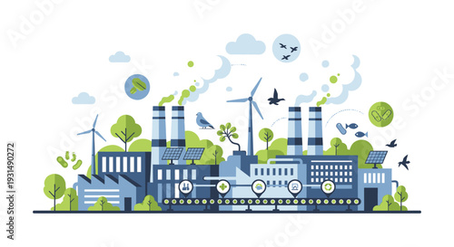 Sustainable Green Factory with Renewable Energy and Eco-Friendly Manufacturing. Industrial Complex Integrating Solar Panels, Wind Turbines, & Circular Economy.