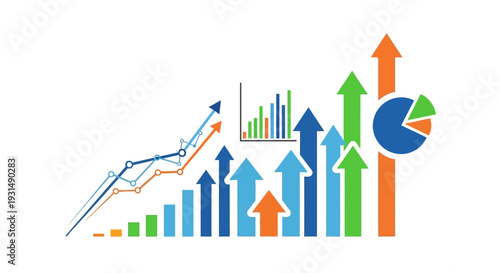 Colorful financial growth chart with upward arrows and pie graph