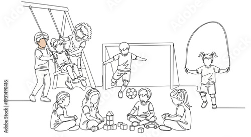 Children Playing on Playground: Soccer, Swing, Jump Rope, Building Blocks