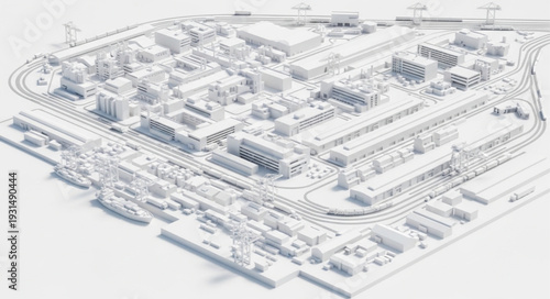 Aerial view of a modern city district with many buildings and roads.